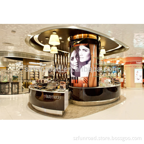Shopping center cosmetics retail kiosk designs wood makeup display stands skincare glass shelves
